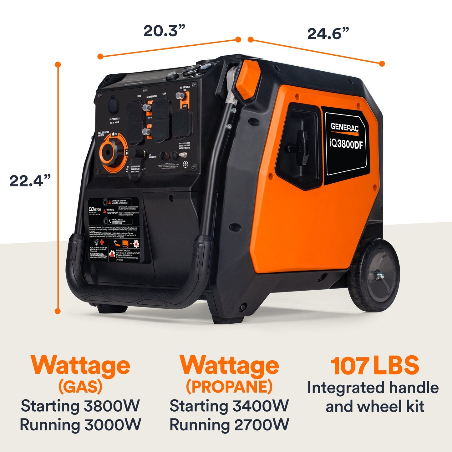 Generac iQ3800 DF 8944 3000W/3800W Generator Dual Fuel Gas Propane Low THD Inverter COSense Electric Start
