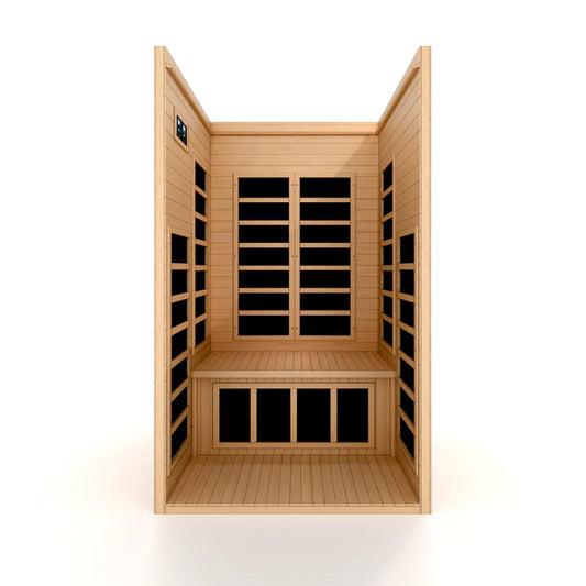 Wooden sauna with a bench and infrared heating panels on a white background