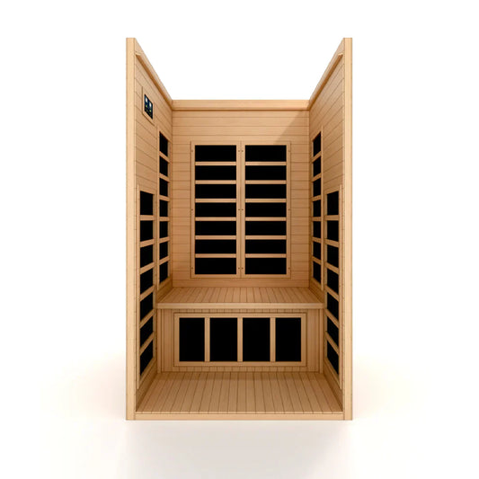 Wooden sauna with a bench and infrared heating panels on a white background