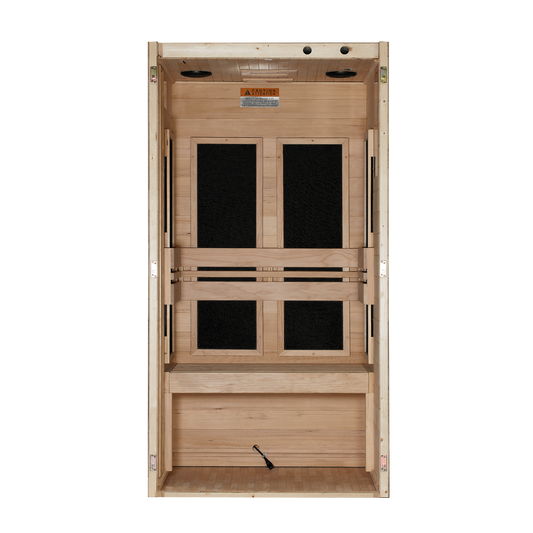 Back of Dynamic Veneto Elite 1 Person Low EMF Far Infrared Sauna on checkered background