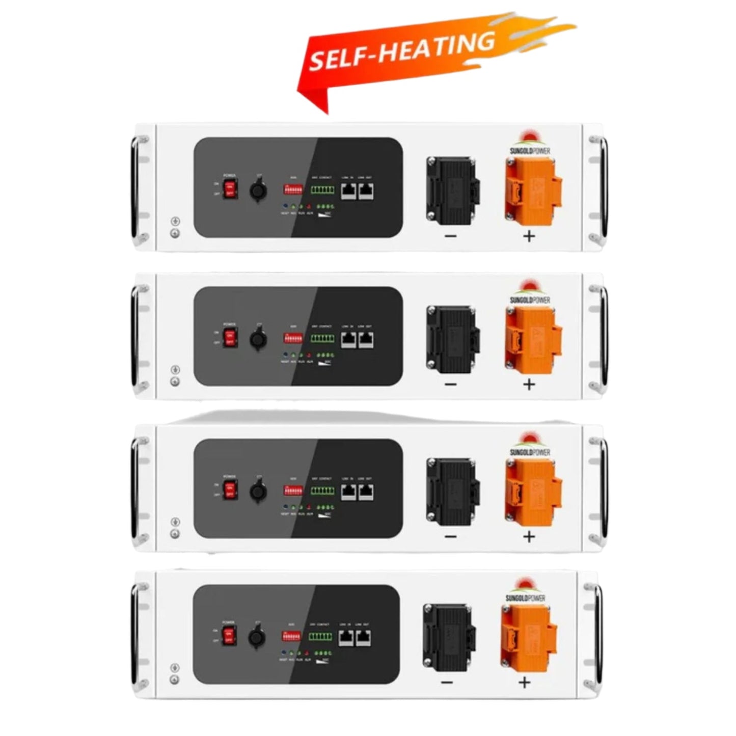Four SunGold Power 48V 100AH Lithium Battery Self-Heating Server Front View