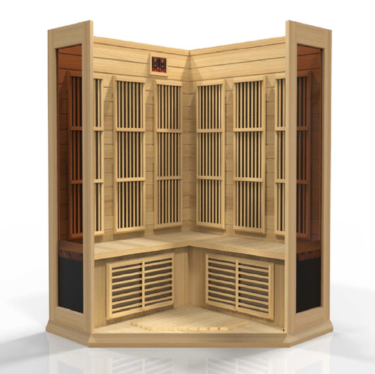 Maxxus 3 Person Corner Low EMF FAR Infrared Sauna MX-K356-01 Interior on a white background