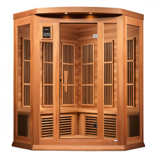 Maxxus 3 Person Corner Near Zero EMF FAR Infrared Canadian Red Cedar Sauna MX-K356-01-ZF CED Front View