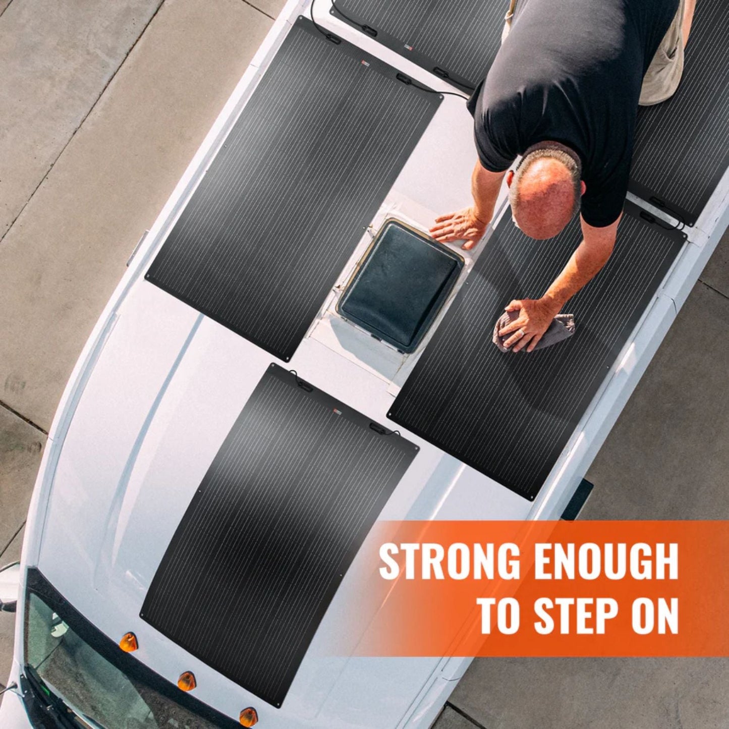 Person standing on a car with Rich Solar MEGA 200 FLEX PRO Solar Panel