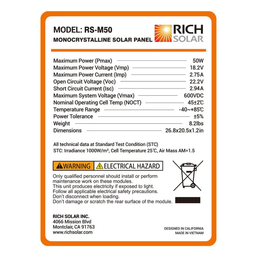 RICH SOLAR MEGA 50 Watt Solar Panel Specifications