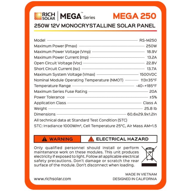 Rich Solar MEGA 250 Watt Monocrystalline Solar Panel Specification