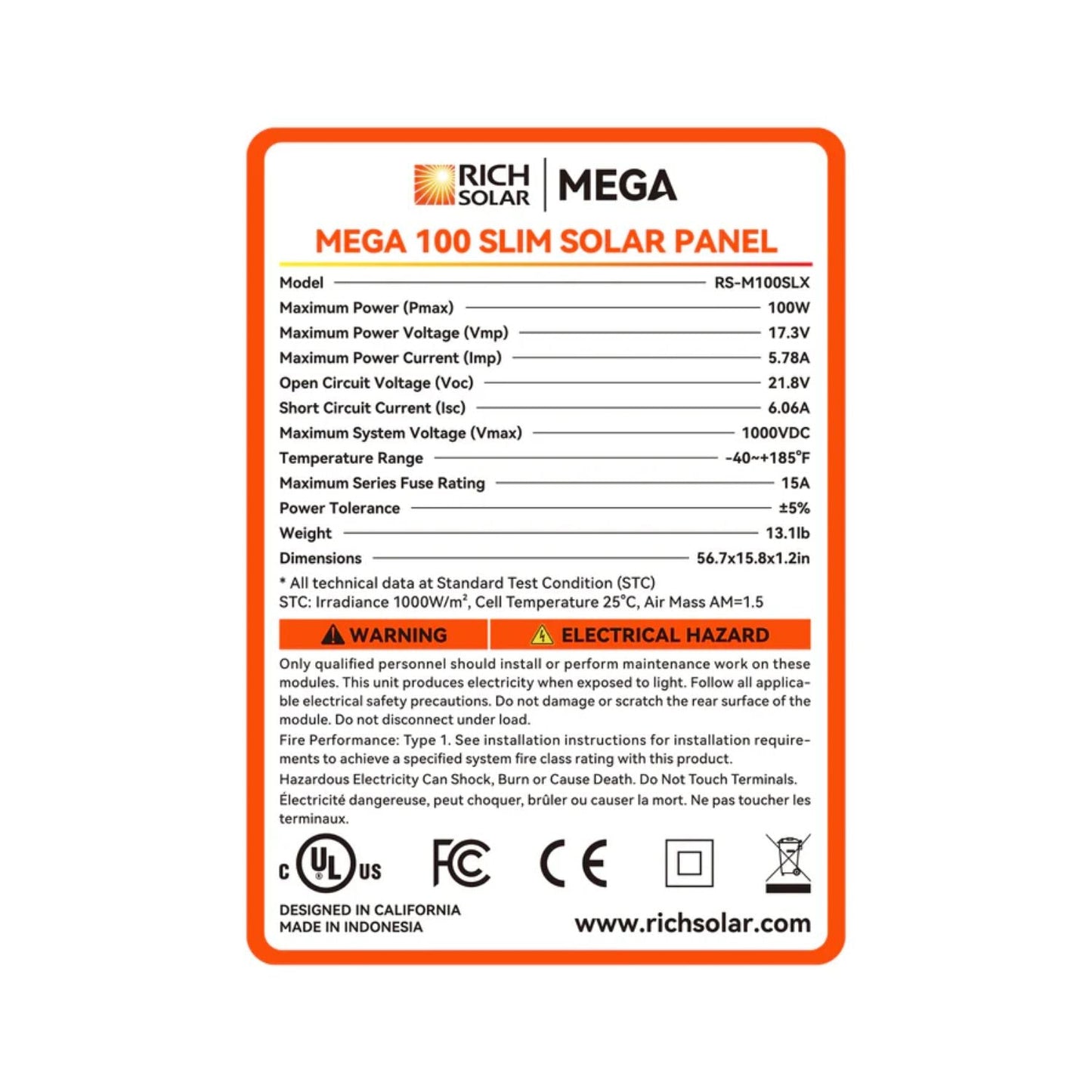 Rich Solar MEGA 100 Slim SLX Monocrystalline Solar Panel with specifications and safety warnings.