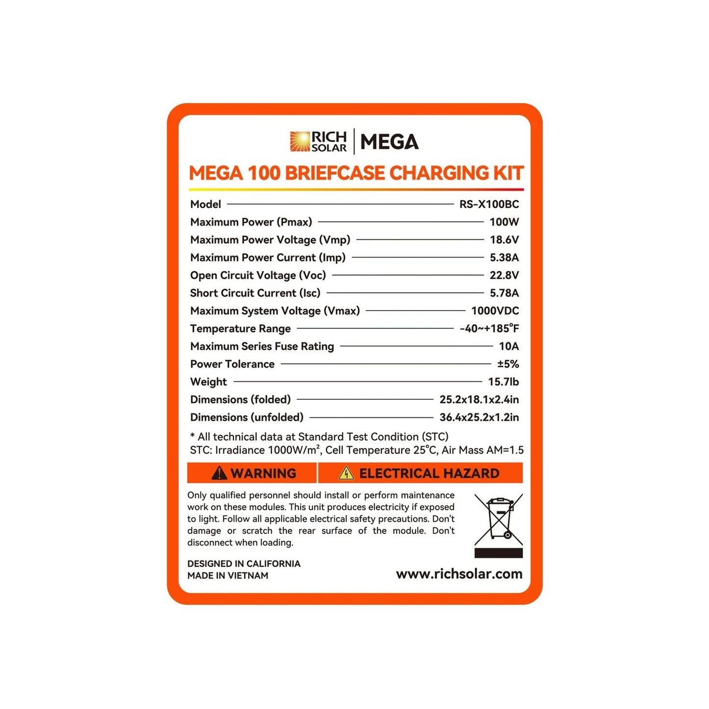 Rich Solar Mega 100 Briefcase Charging Kit Specifications