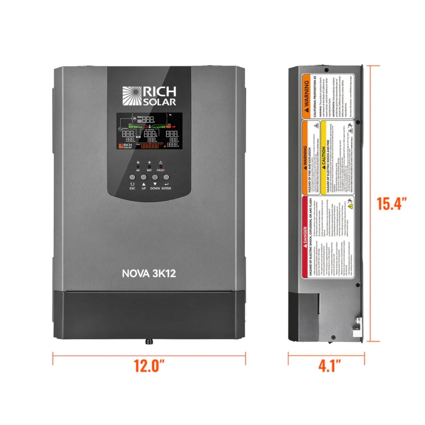 Rich Solar NOVA 3K12 inverter with dimensions on a white background