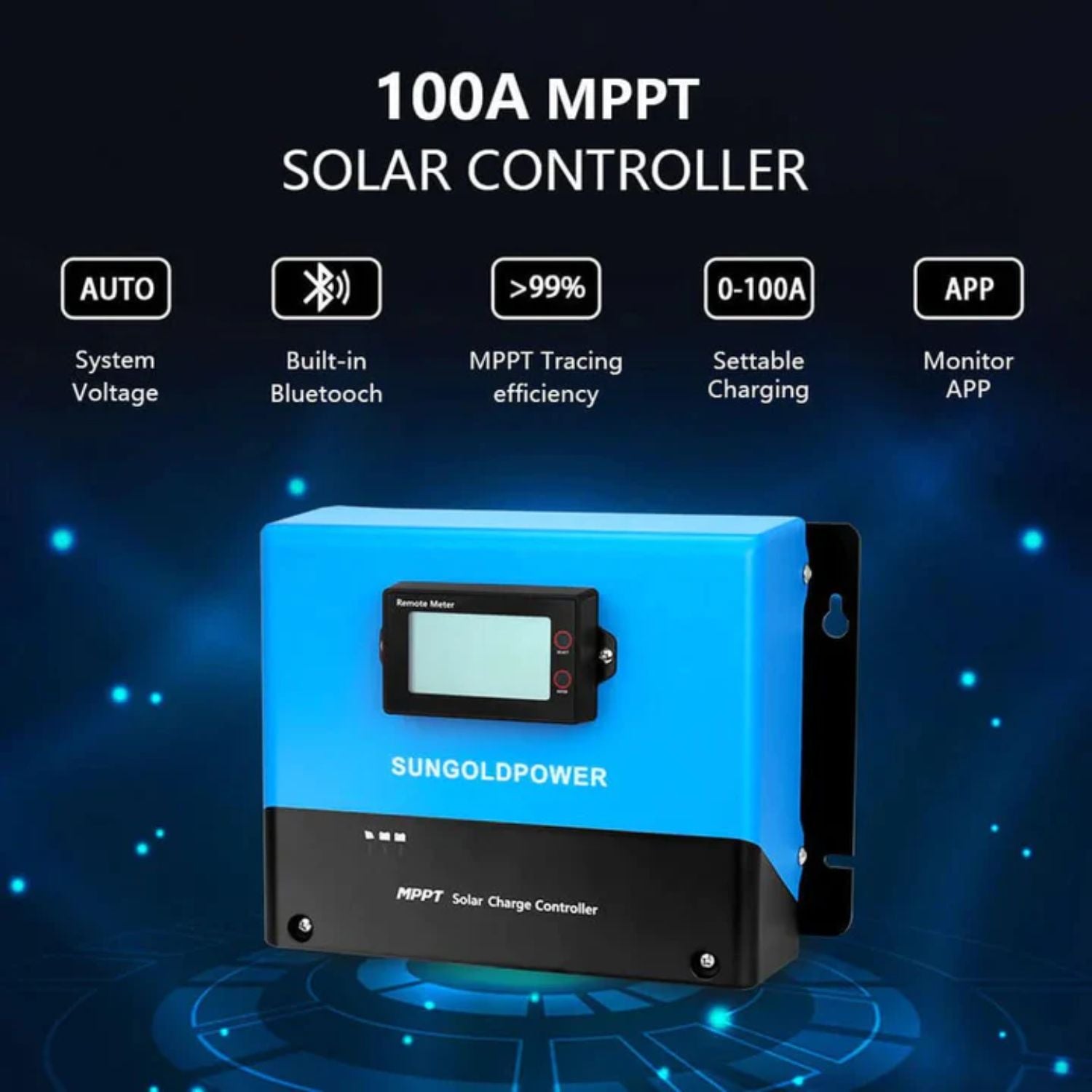 100A MPPT solar controller with features listed on a dark background