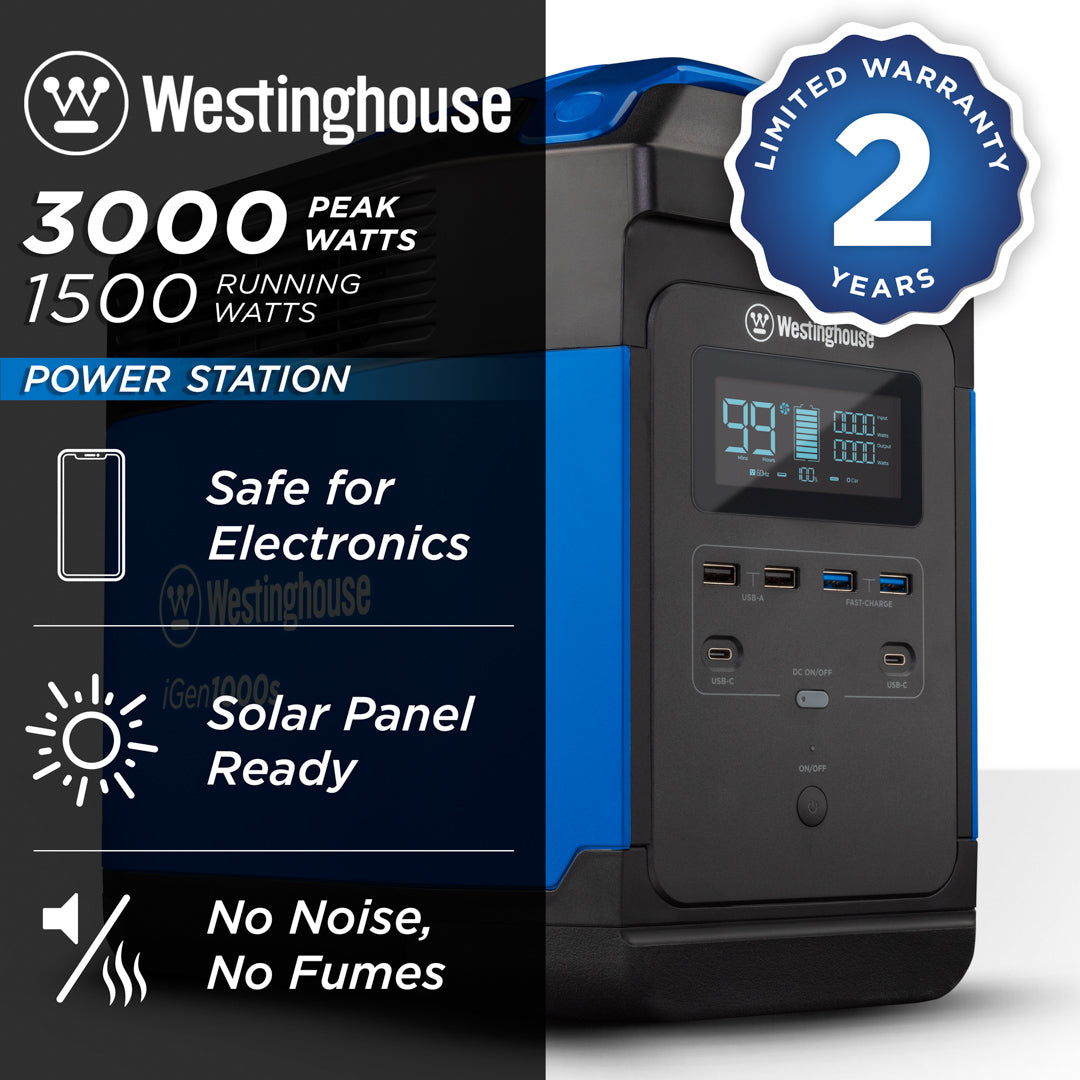 Westinghouse | iGen1000s power station shown on a white background with text reading: 3000 peak watts, 1500 running watts, safe for electronics, solar panel ready, no noise no fumes and 2 year limited warranty