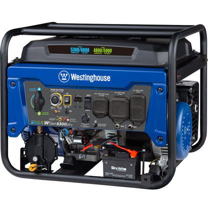 Westinghouse | WGen5300DFc portable generator front left view on a white background.