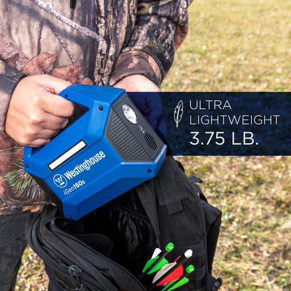 Westinghouse | iGen160s Portable Power Station being placed in a backpack by a man in hunters camouflage. Text on the image reads "ultra-lightweight. 3.75 lbs."