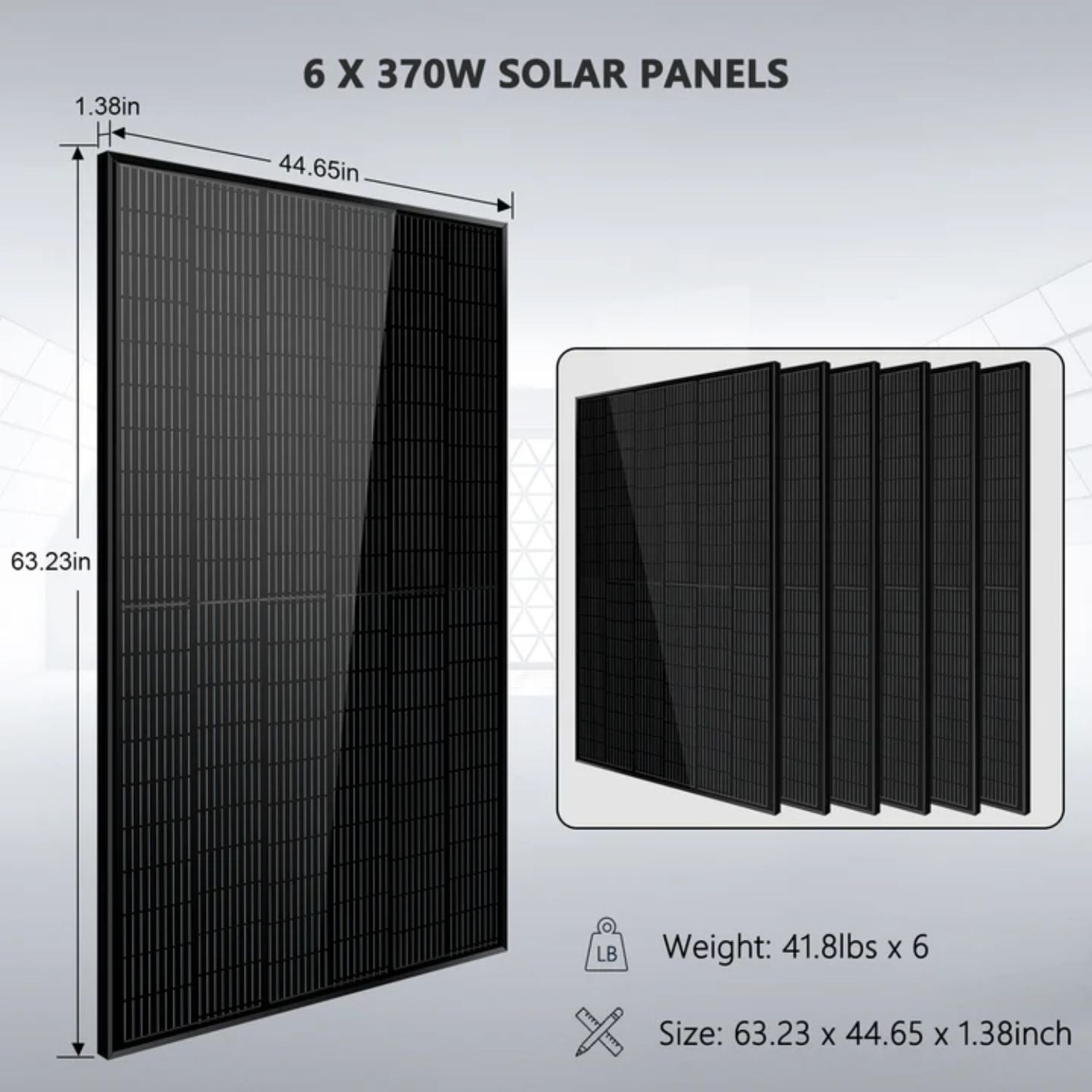 6 pieces Solar panel with dimensions and weight information on a gray background