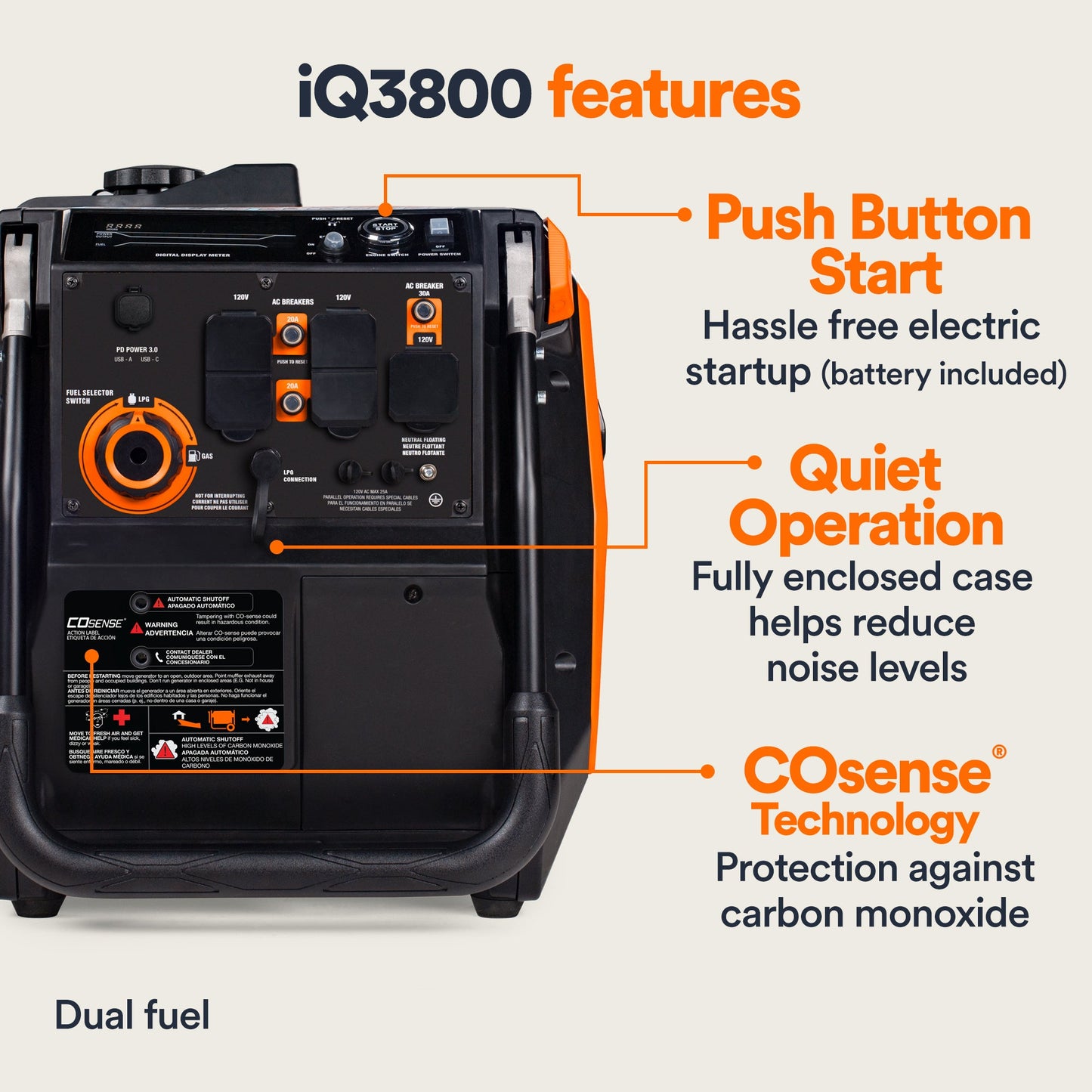 Generac iQ3800 DF 8946 3000W/3800W Generator Dual Fuel Gas Propane Low THD Inverter CO Sense Electric Start CARB New