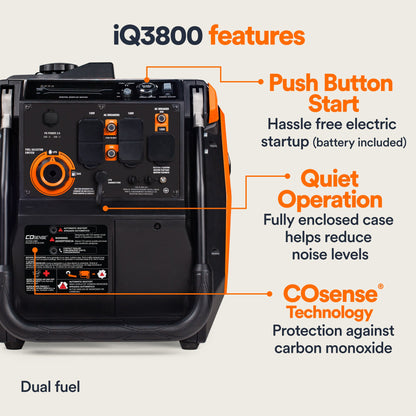 Generac iQ3800 DF 8946 3000W/3800W Generator Dual Fuel Gas Propane Low THD Inverter CO Sense Electric Start CARB New
