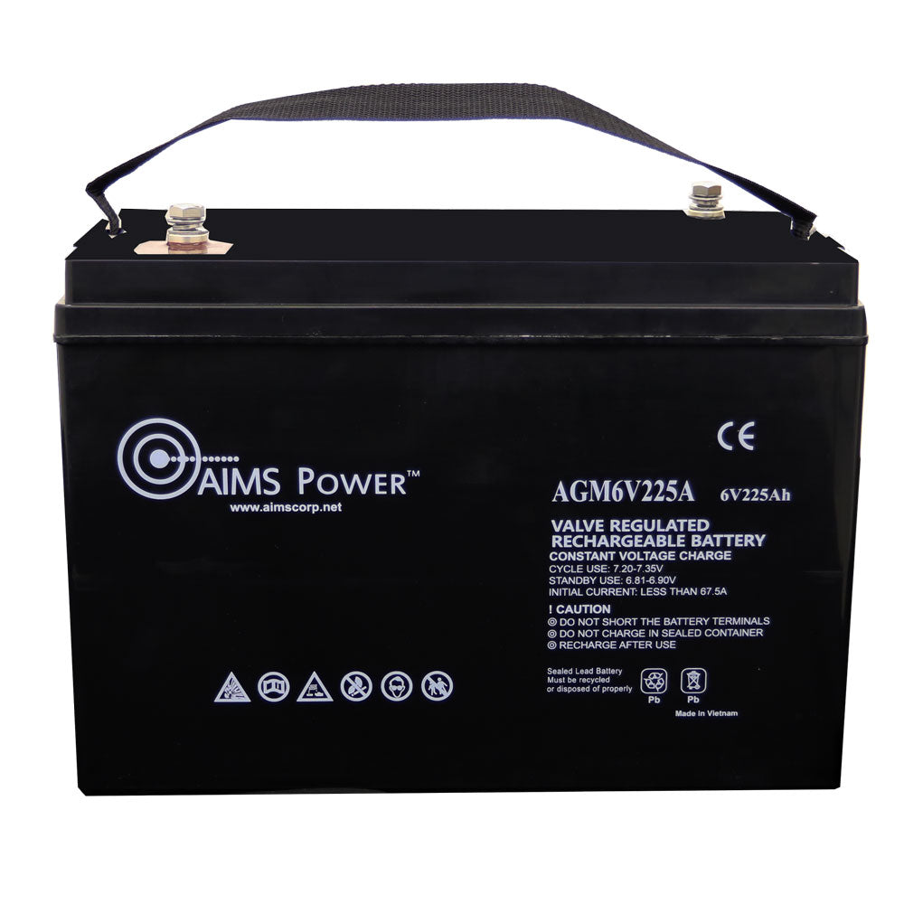 AIMS Power 6 Volt 225A AGM Deep-Cycle Heavy Duty Battery Front View With Strap