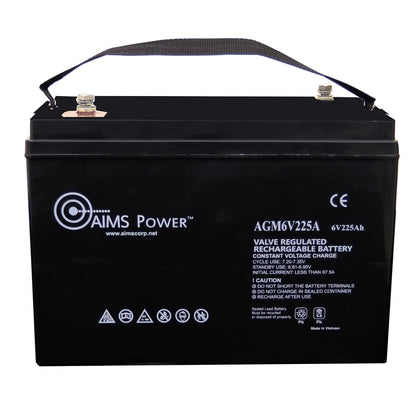 AIMS Power 6 Volt 225A AGM Deep-Cycle Heavy Duty Battery Front View With Strap