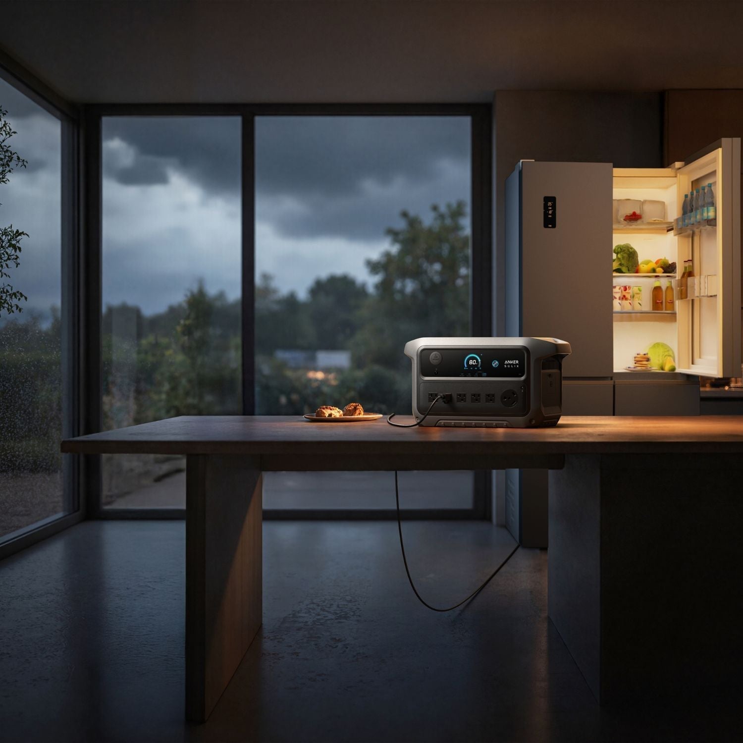 Anker SOLIX C2000 Gen 2 Portable Power Station on a table with an open refrigerator in the background