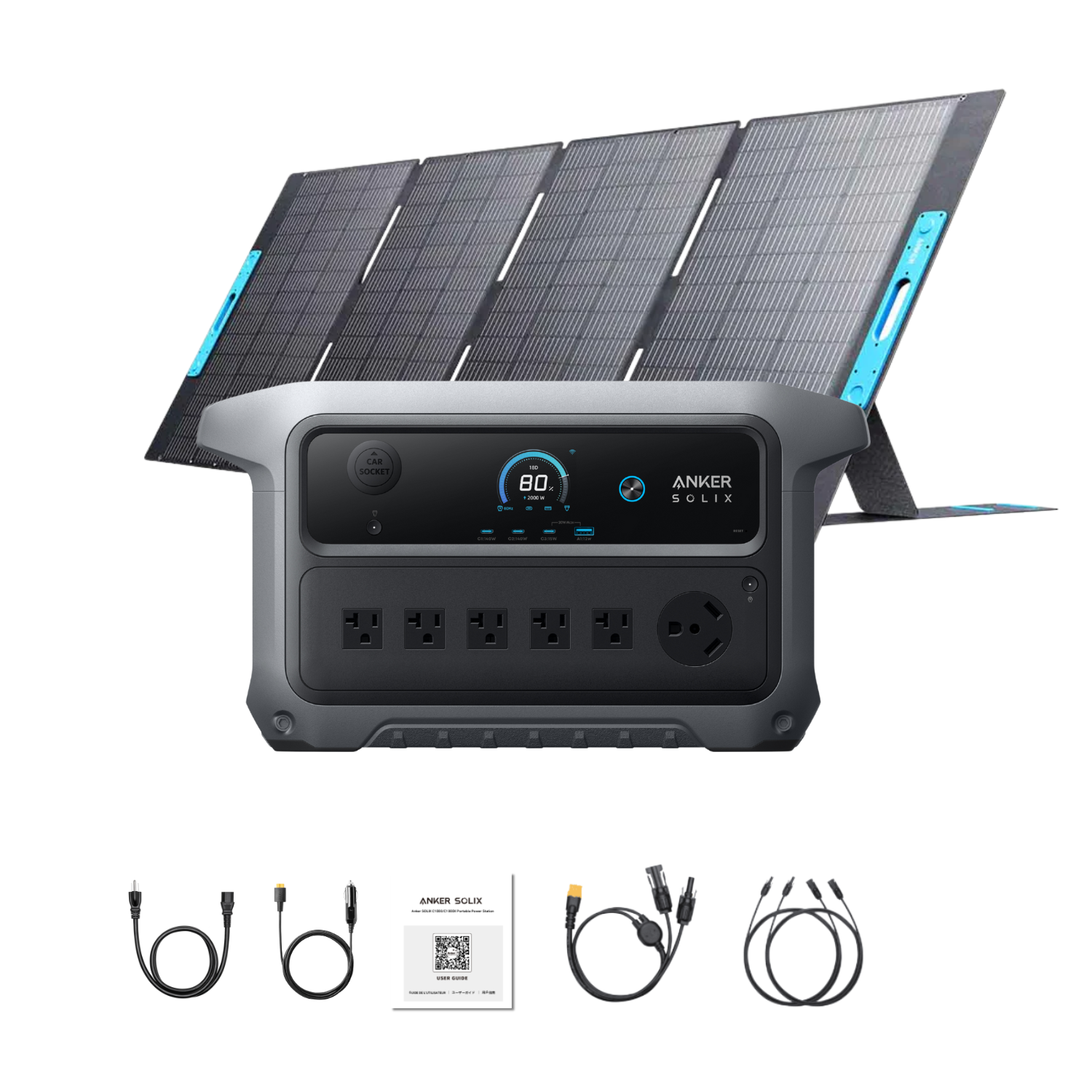 Anker SOLIX C2000 Gen 2 Portable Power Station with 400W solar panel and accessories on a white background