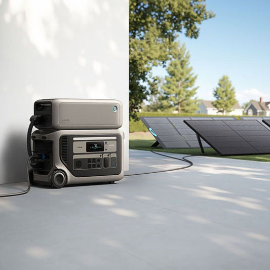 Anker SOLIX F3000 Expansion Batteries stacked in F300 Portable Power Station charging via solar panel