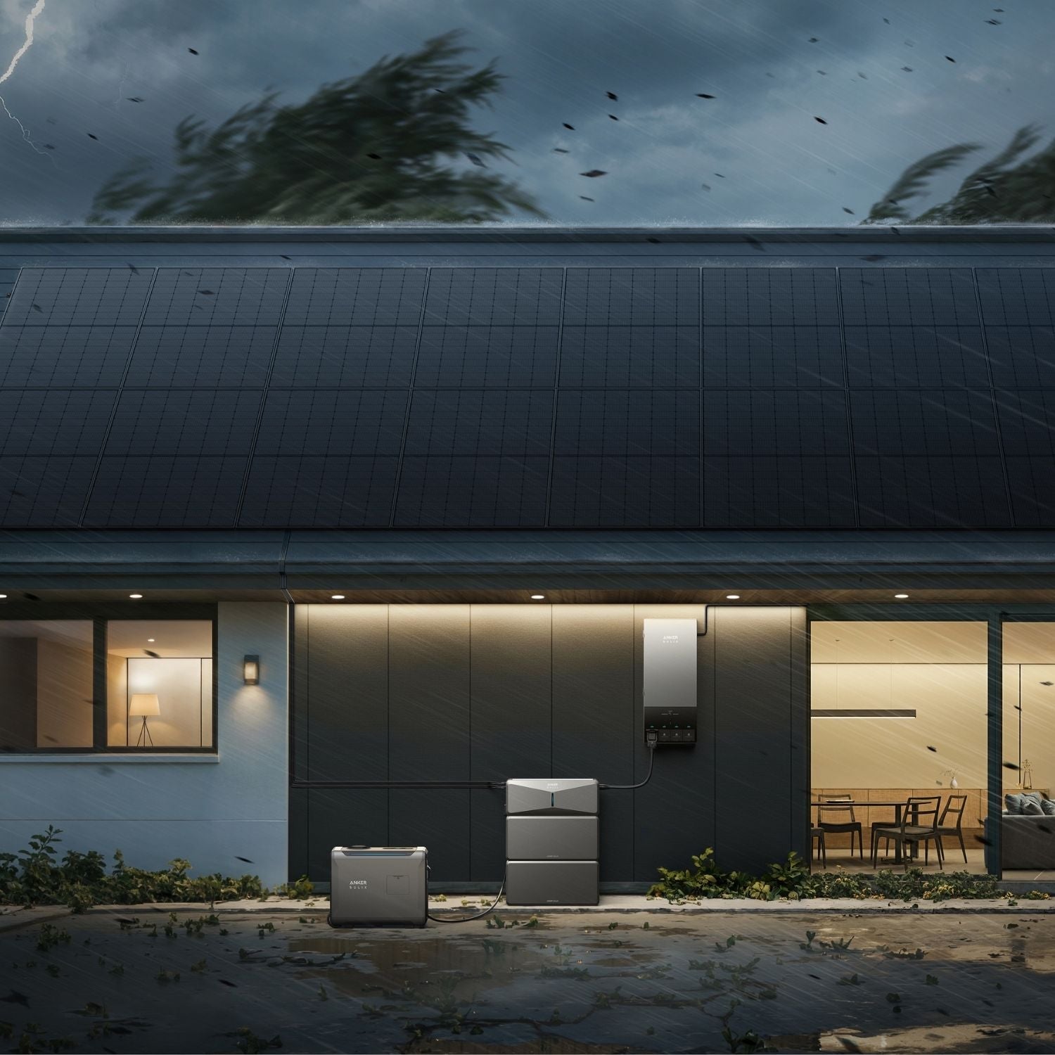 Anker Smart Home Backup Kit connected to Anker Tri-Fuel 5500 Smart Generator during bad weather 