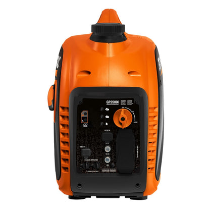 Back view of Generac 2500i Inverter Generator showing outlets and controls