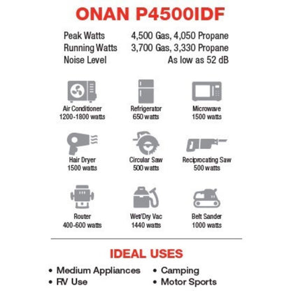 Cummins Onan P4500iDF Dual Fuel Portable Inverter Generator Specification