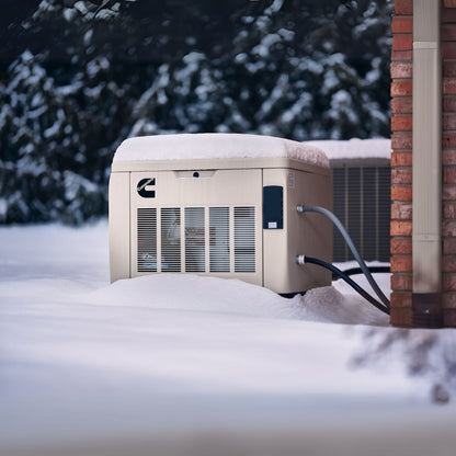 Cummins RS13A 13kW Home Standby Generator installed outside in the snow