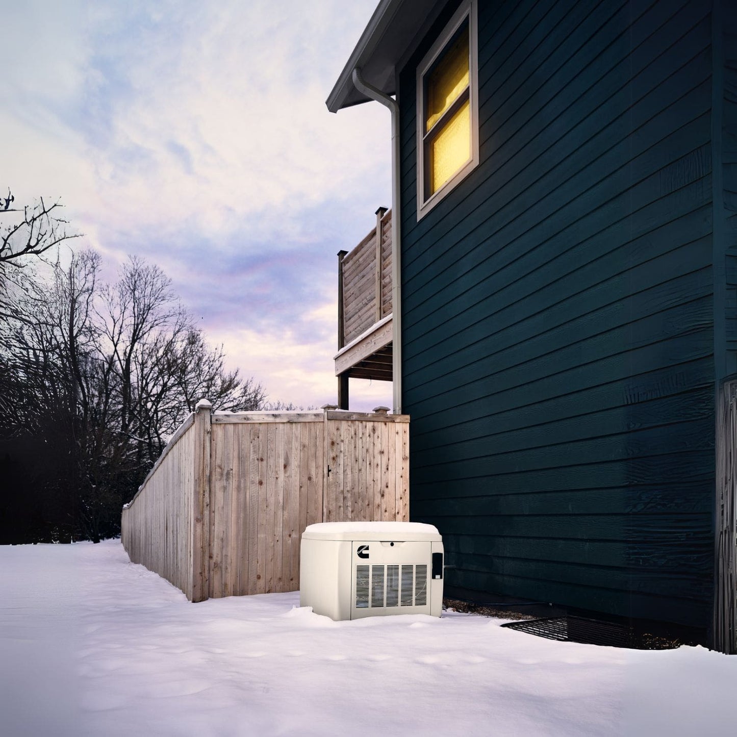 Cummins RS13A 13kW Home Standby Generator installed outside in the snow zoomed-out view