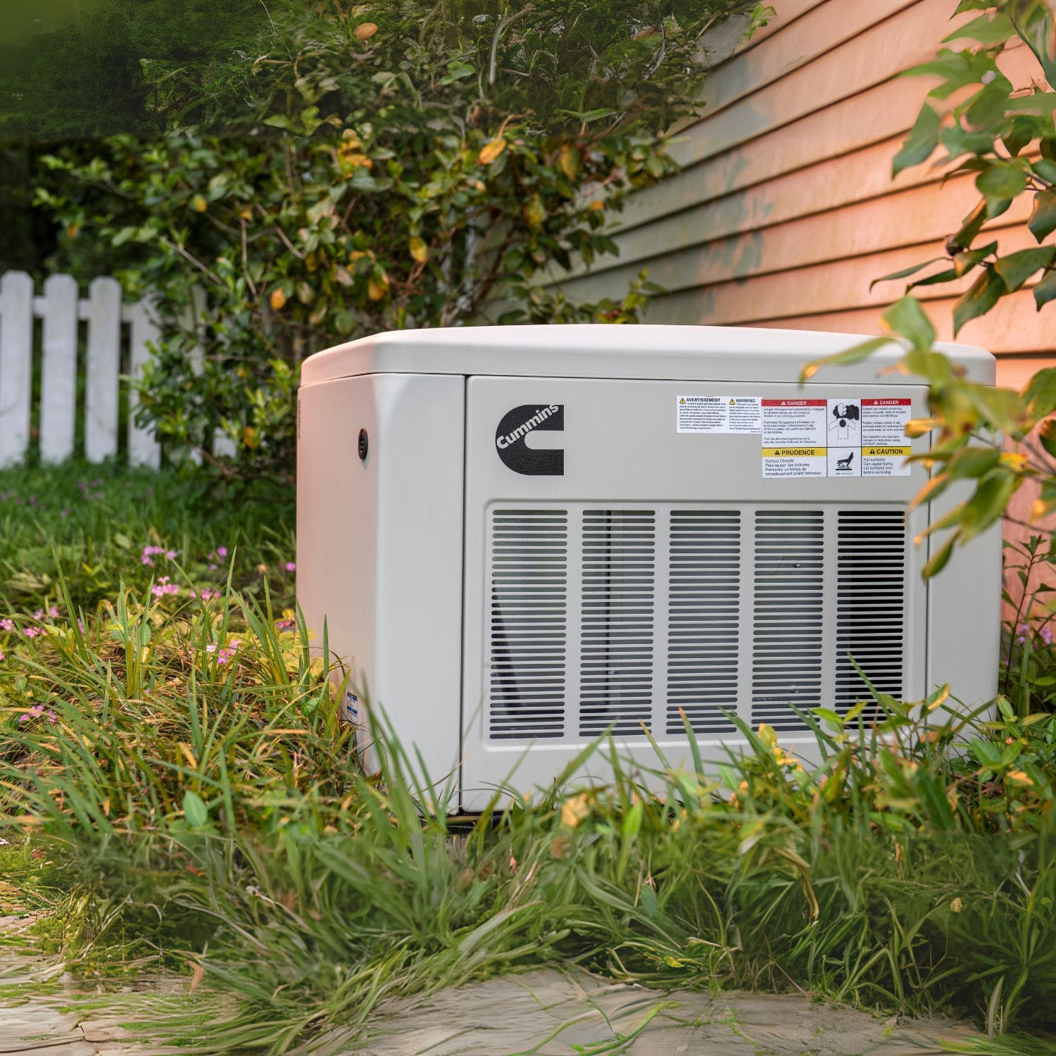 Cummins RS20A 20kW Home Standby Generator front view installed in the backyard