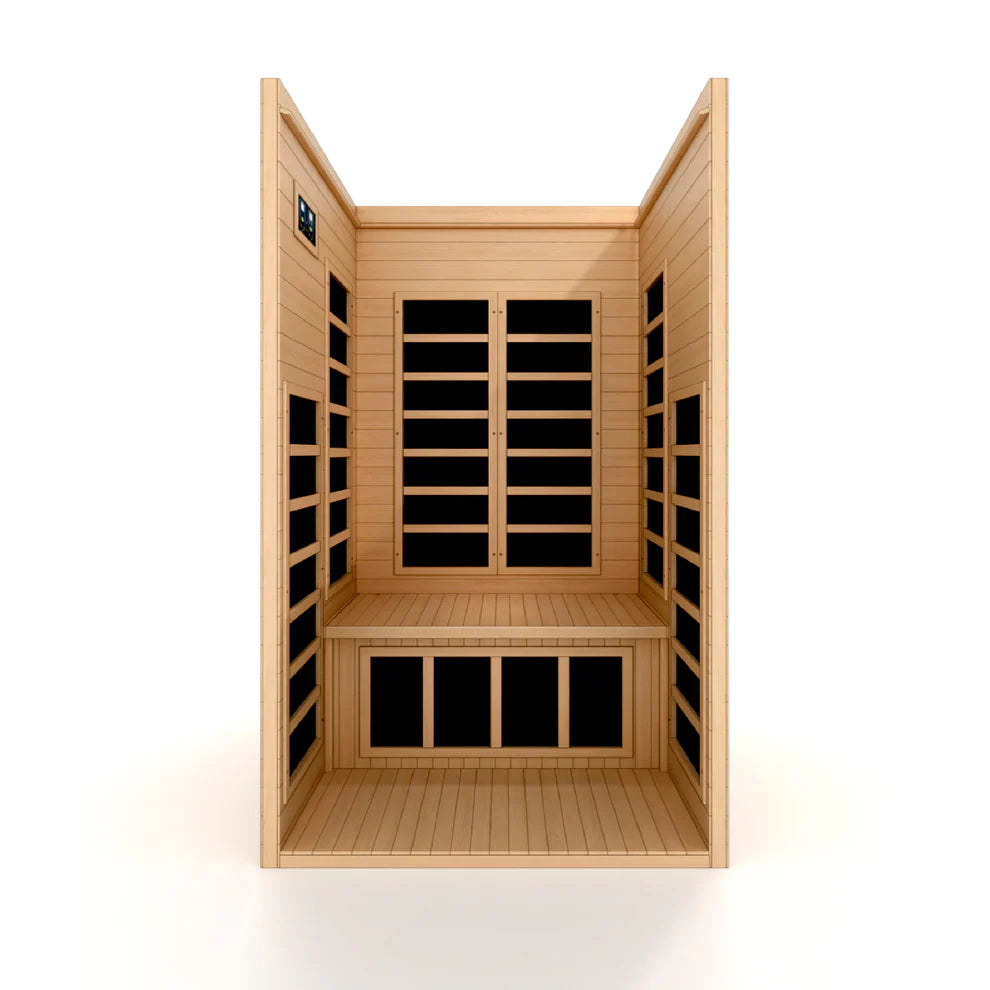 Wooden sauna with a bench and  infrared heating panels on a white background