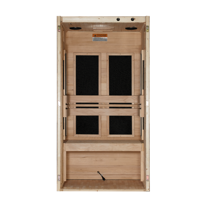 Back of Dynamic Veneto Elite 1 Person Low EMF Far Infrared Sauna on checkered background