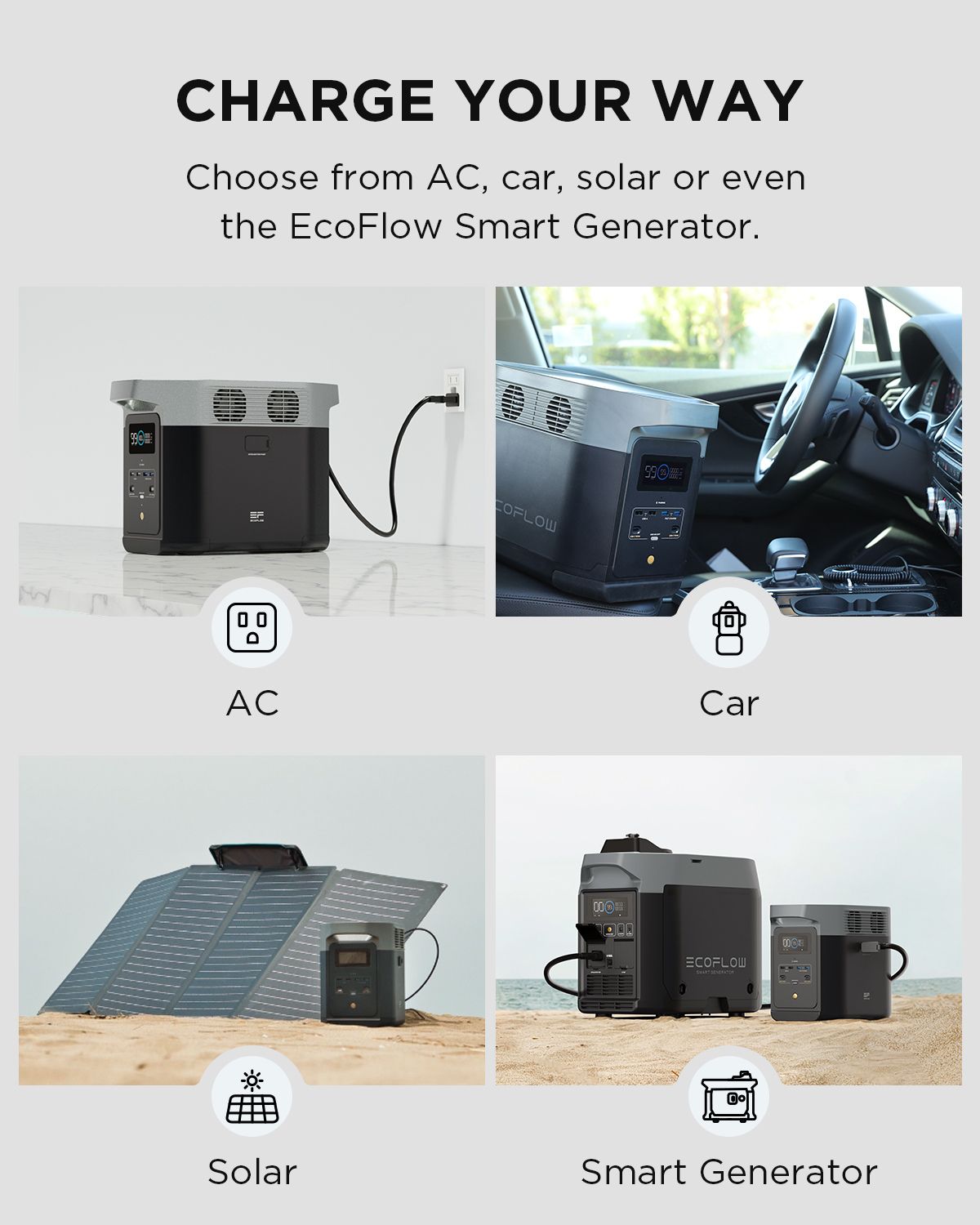 EcoFlow DELTA 2 Portable Power Station being used in multiple ways