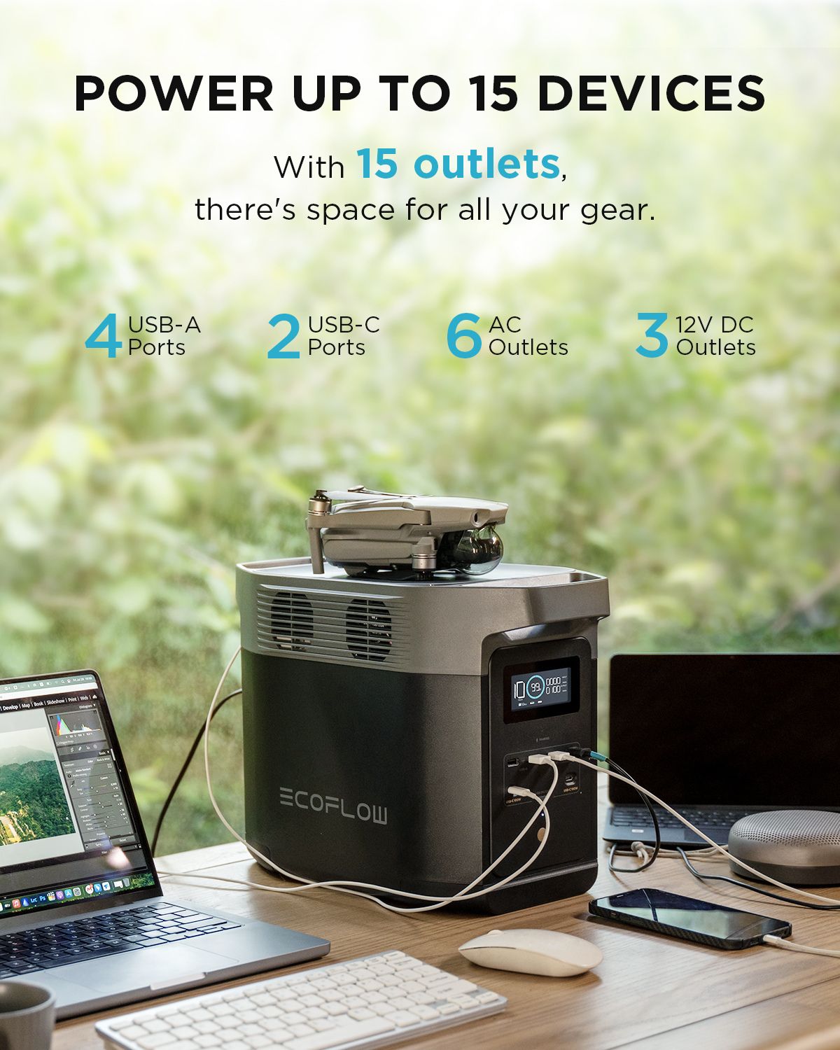 EcoFlow DELTA 2 Portable Power Station powering multiple devices on a table