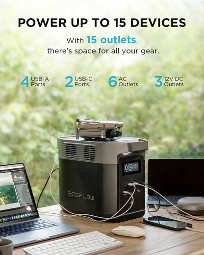 EcoFlow DELTA 2 Portable Power Station powering multiple devices on a table