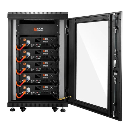  Five Rich Solar ALPHA 5 PRO 51.2V inside server rack with open cover
