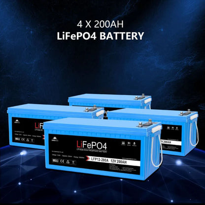 Four LiFePO4 batteries on a dark blue background with text indicating capacity and brand.