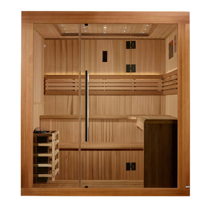 Front of the Golden Designs Osla Traditional Sauna on white background