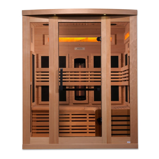 Golden Designs Reserve 3-Person Near Zero EMF Full Spectrum Infrared Sauna with Himalayan Salt Bar - Front