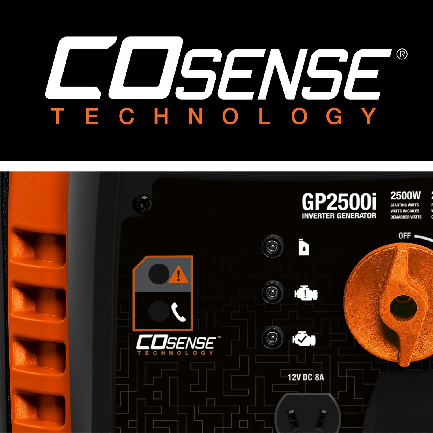 Generac 2500i Inverter Generator control panel with COsense Technology