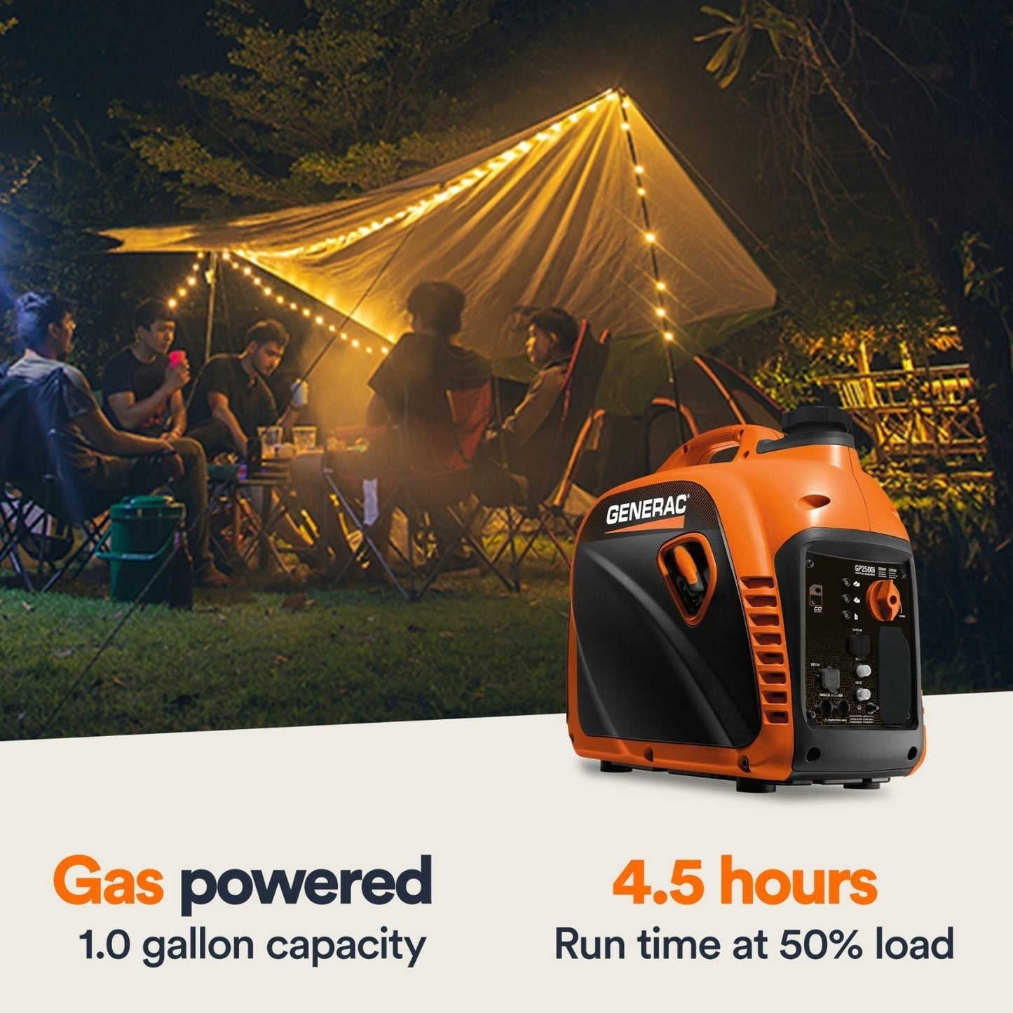 Generac 2500i Inverter Generator showing gas tank capacity details