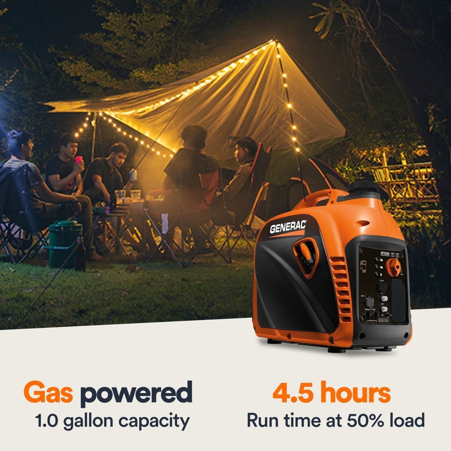 Generac 2500i Inverter Generator showing gas tank capacity details