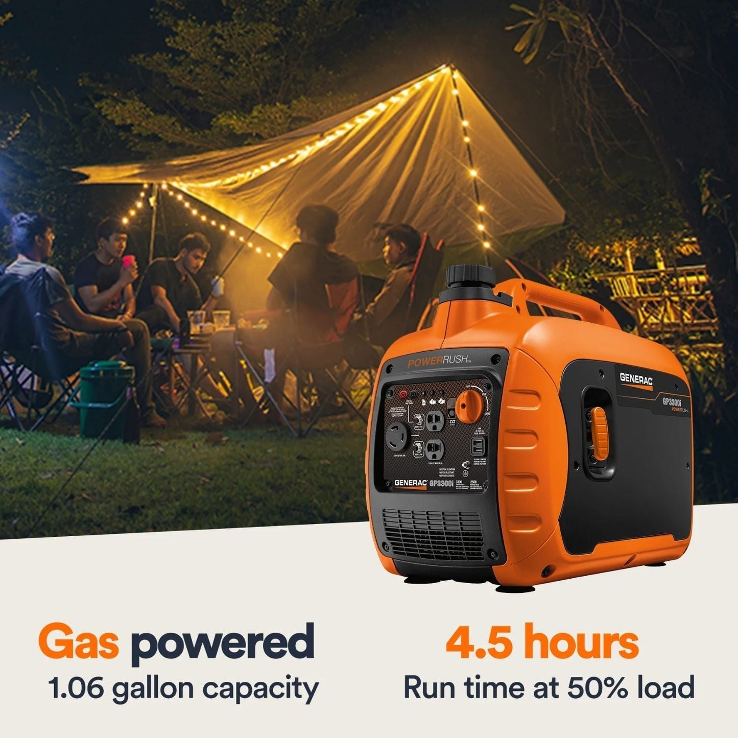 Generac 3300i Portable Inverter Generator showing power capacity and output details.