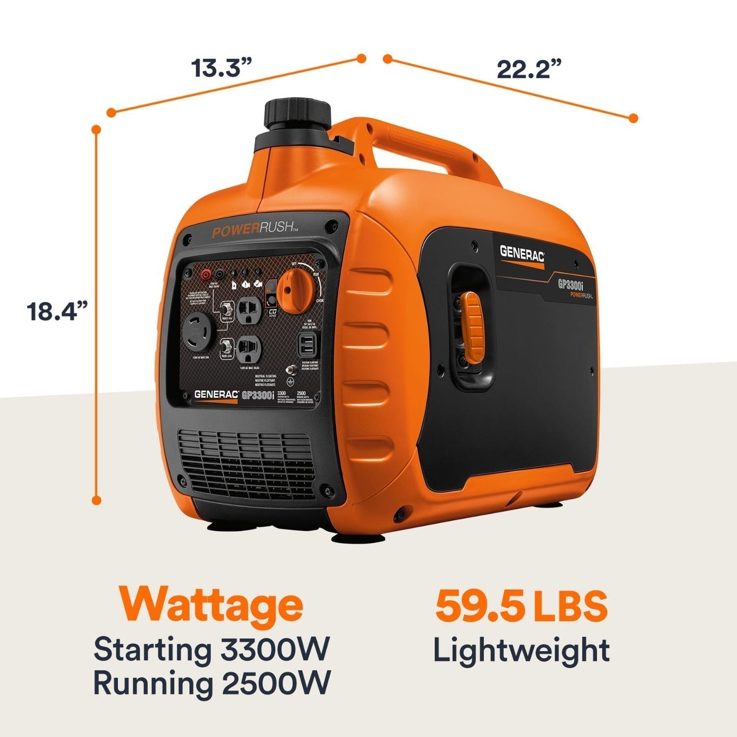 Generac 3300i Portable Inverter Generator with dimensions and size reference