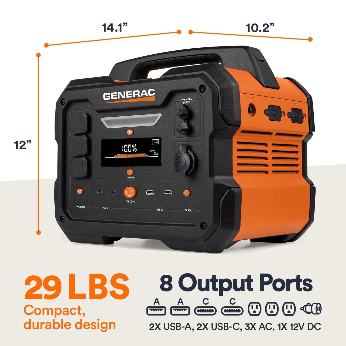Generac GB1000 Portable Power Station with dimensions and features on a white background
