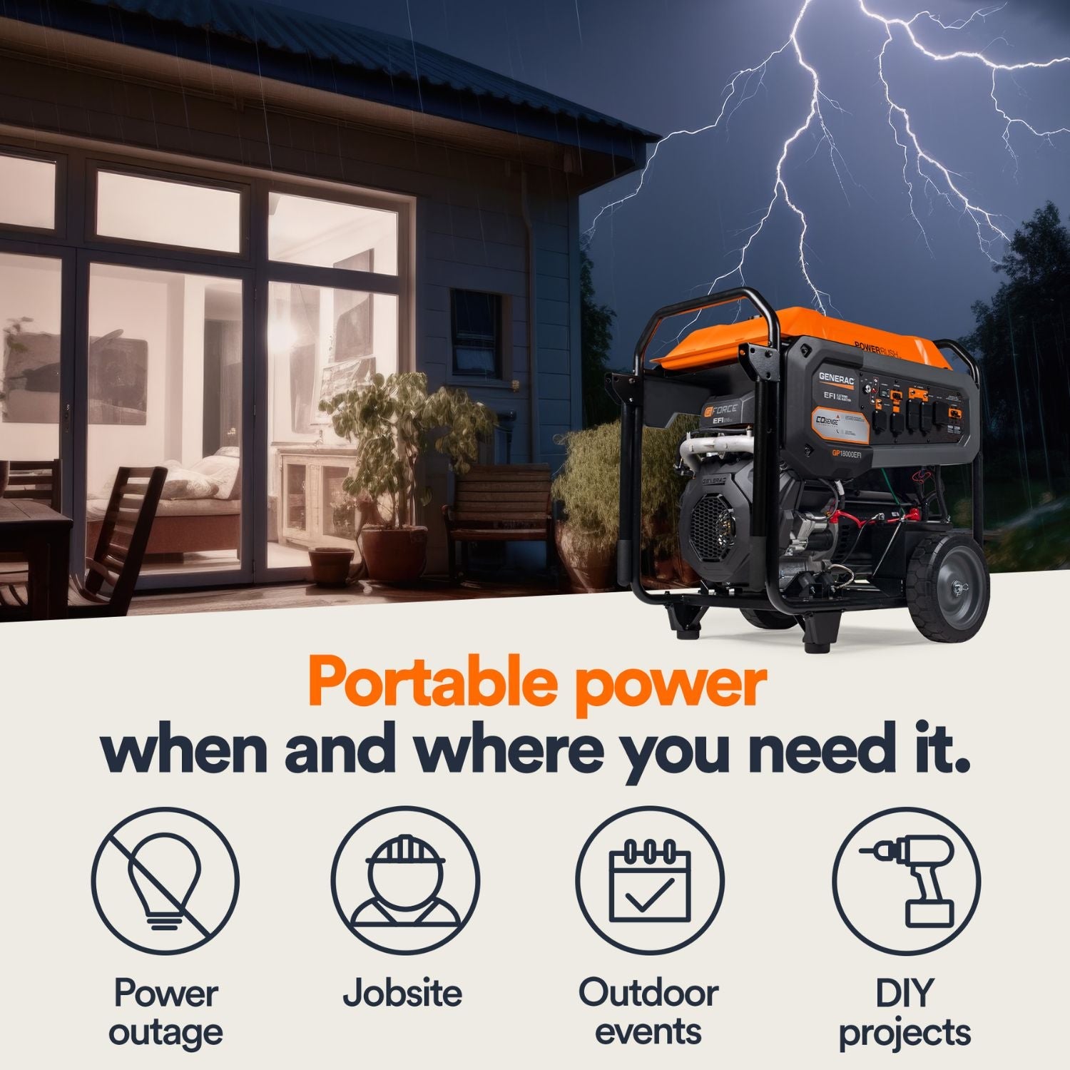 Generac GP18000EFI Portable Generator  with lightning in the background, emphasizing portable power solutions.
