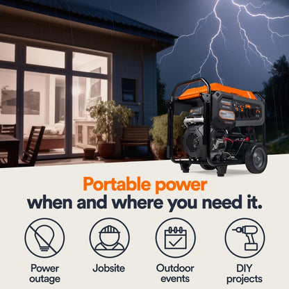 Generac GP18000EFI Portable Generator  with lightning in the background, emphasizing portable power solutions.
