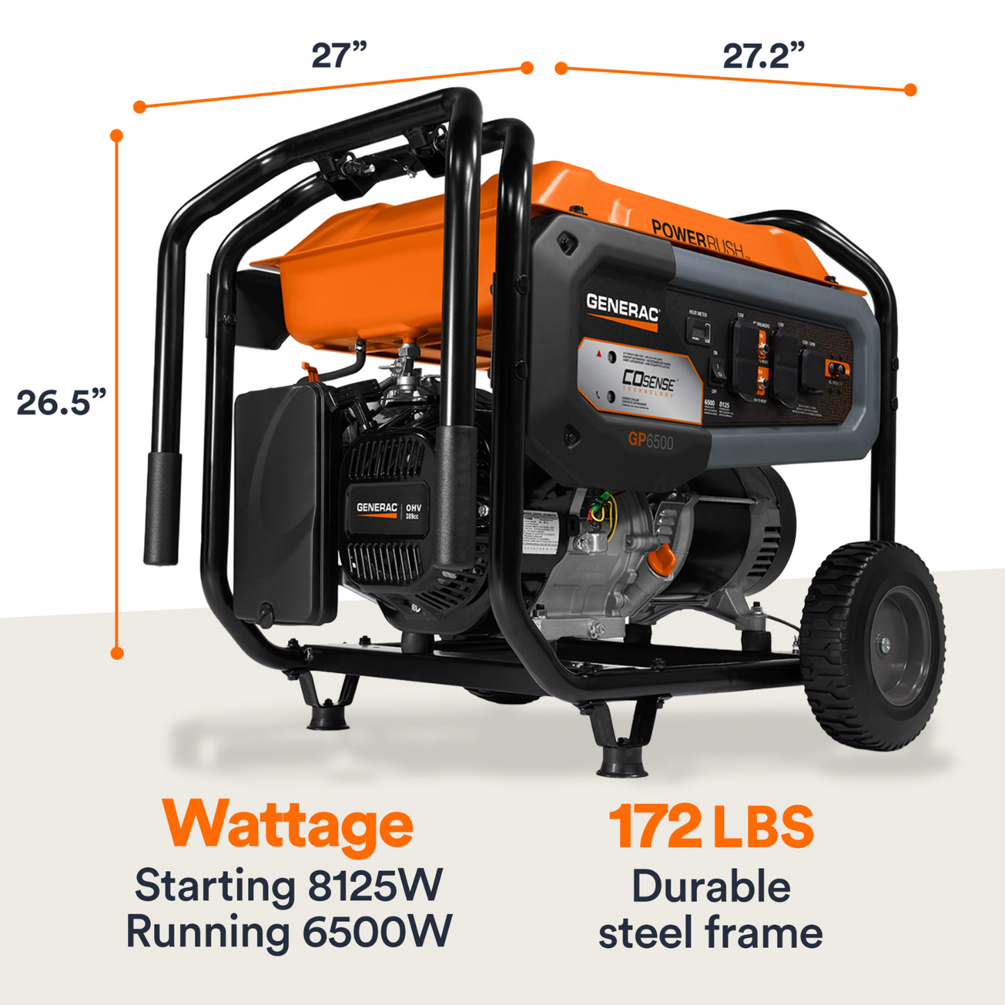 Generac GP6500 Pull Start Portable Generator with dimensions and specifications on a white background
