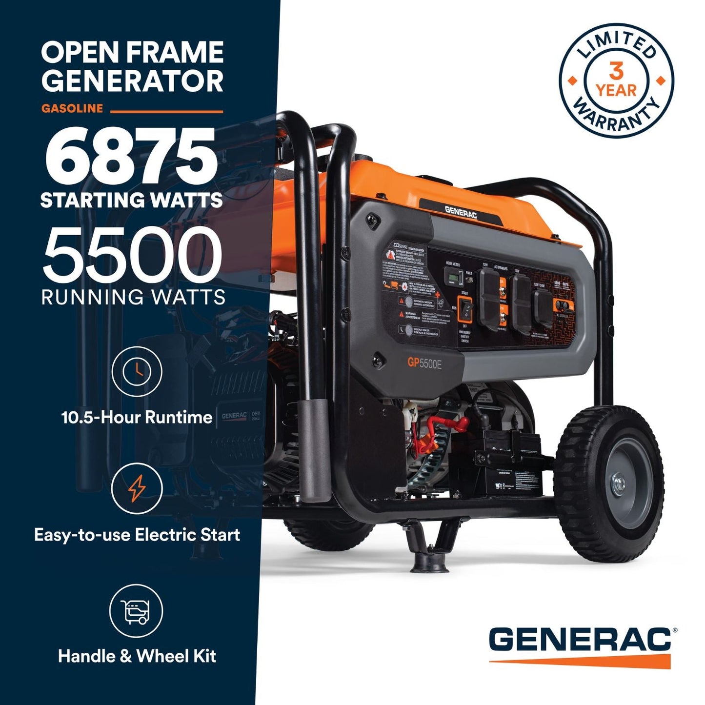 Generac Portable Inverter Generators GP5500E open frame generator with specifications 